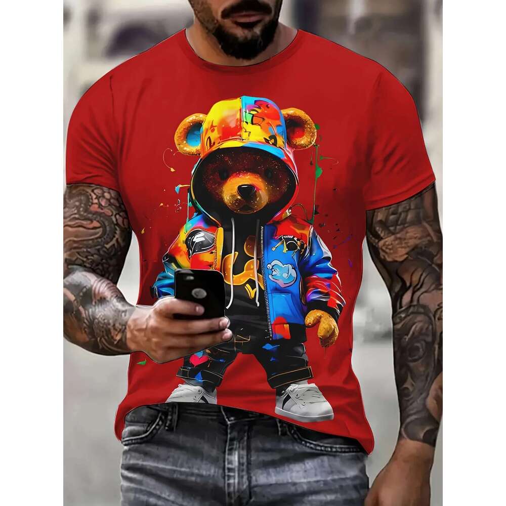 Men s T shirt Fashion Bear D Pattern Cartoon Color Round Neck Top Short Sleeve Summer Clothing