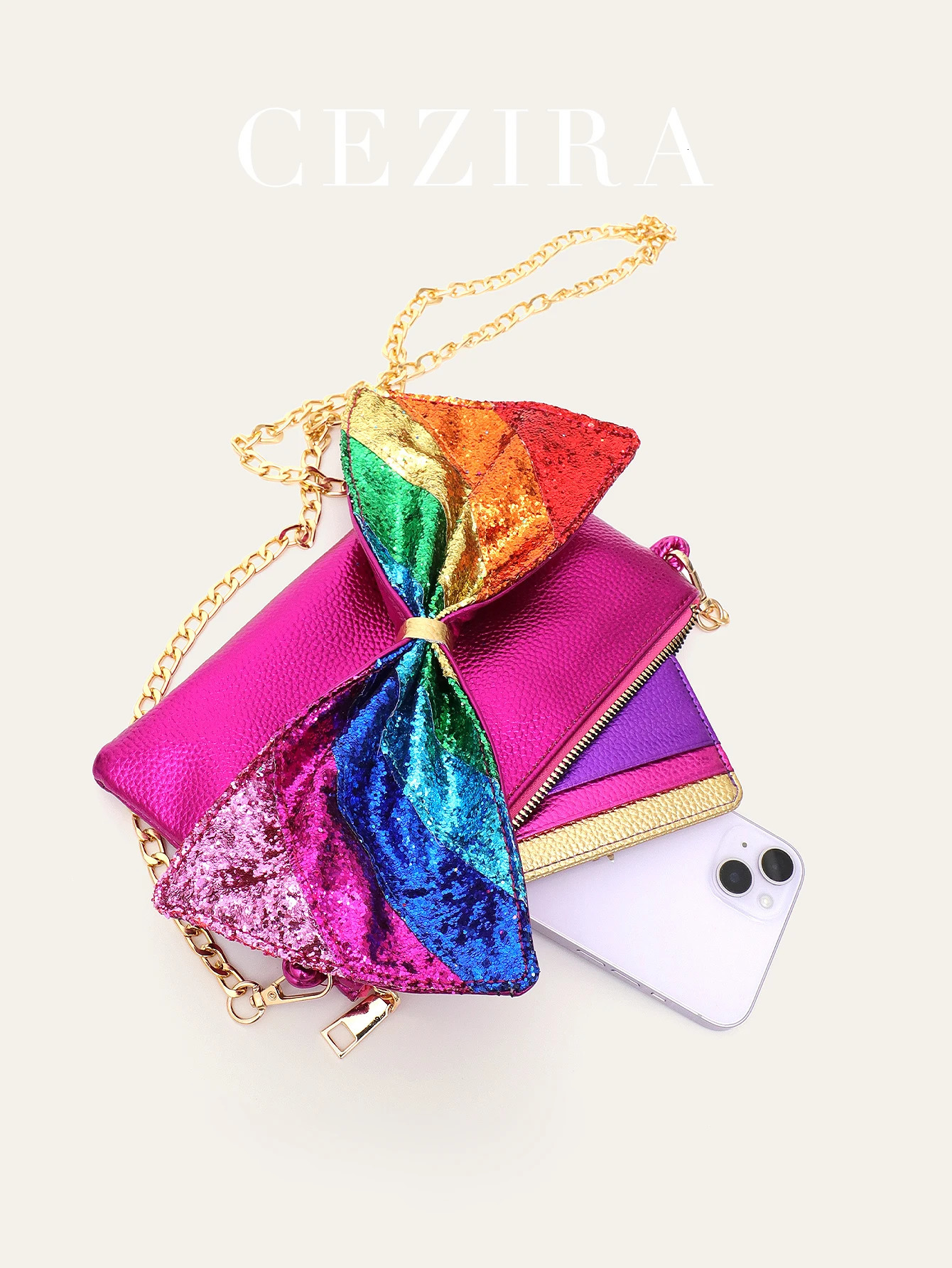 Womens fashionable sequin metal PU vegan leather clutch bag large bow rainbow stripe square zipper long chain ten font wallet 250326