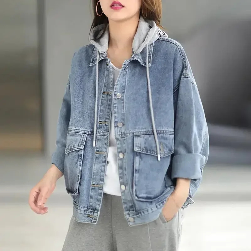 Korean denim jacket womens spring casual loose weight loss super big hat retro solid women 250326