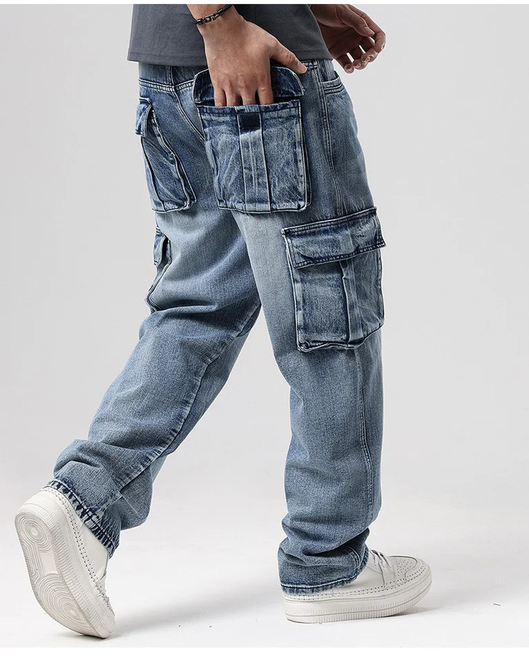 Large Size Loose Jeans Men Denim Pants Straight Pocket Baggy Casual Streetwear Hip Hop Blue Wide Leg Cargo Trousers 250317