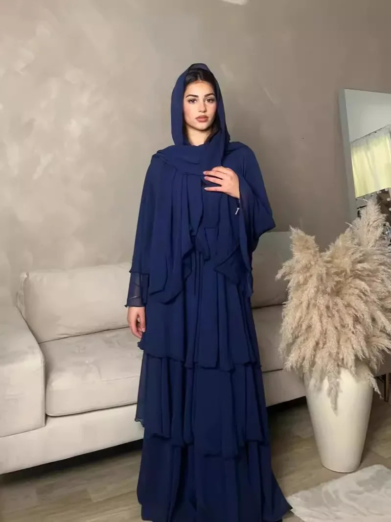 Muslim open kimono 3layer Abayas womens chiffon dress Ka cardigan wool Arab gown Islamic clothing Caftan Marocain 250326