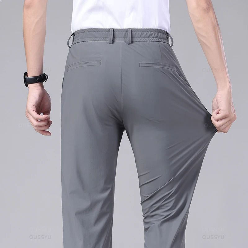 Spring Summer Mens Casual Pants Business Stretch Slim Fit Elastic Waist Jogger Korean Classic Thin Black Gray Trousers Male 250317