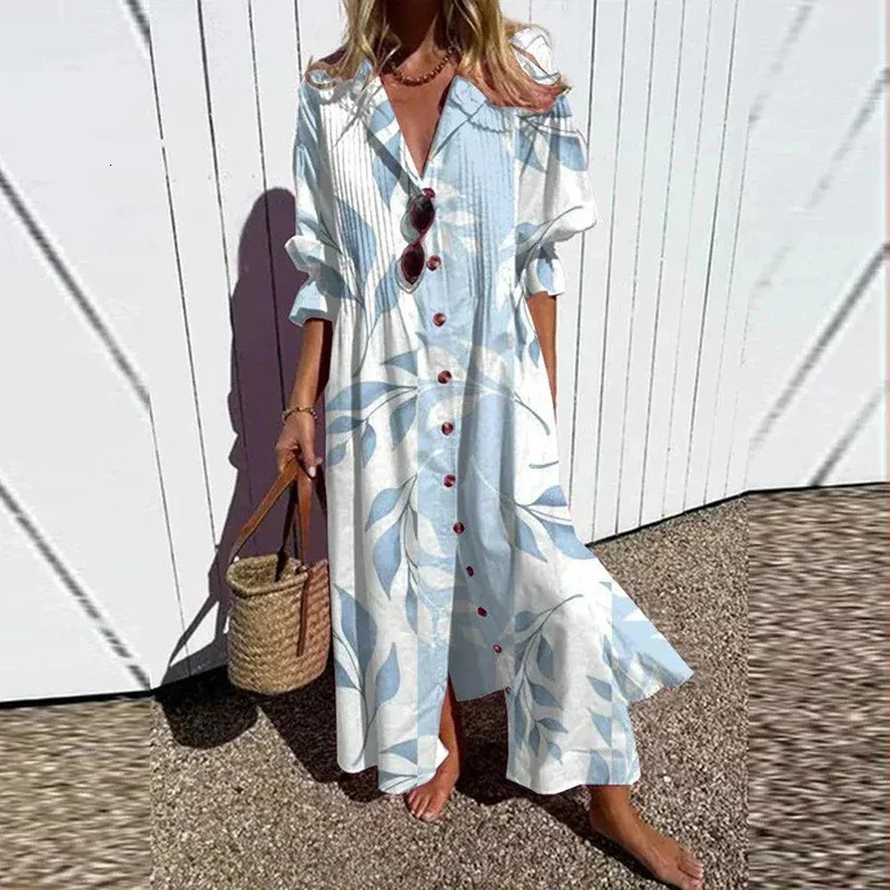 Womens V-neck Single Breasted Shirt Dress Casual Loose Bohemian Long Dress Retro Pattern Printed Loose Vacation Dress
