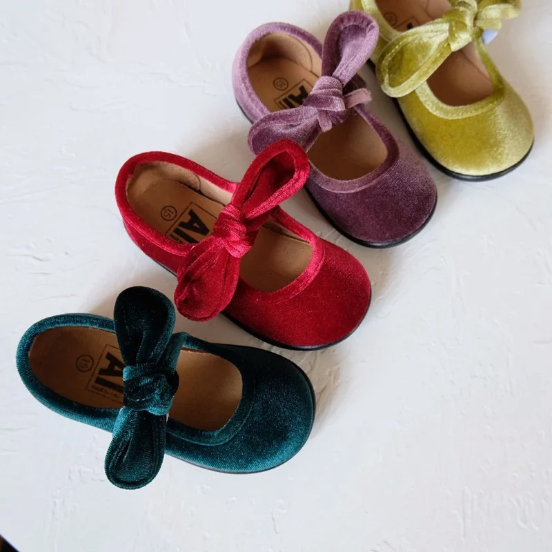 deer jonmi Korean Style Baby Girls Velvet Bowknot Princess Flat Shoes Soft Non-slip Toddlers Kids Shoes 250326