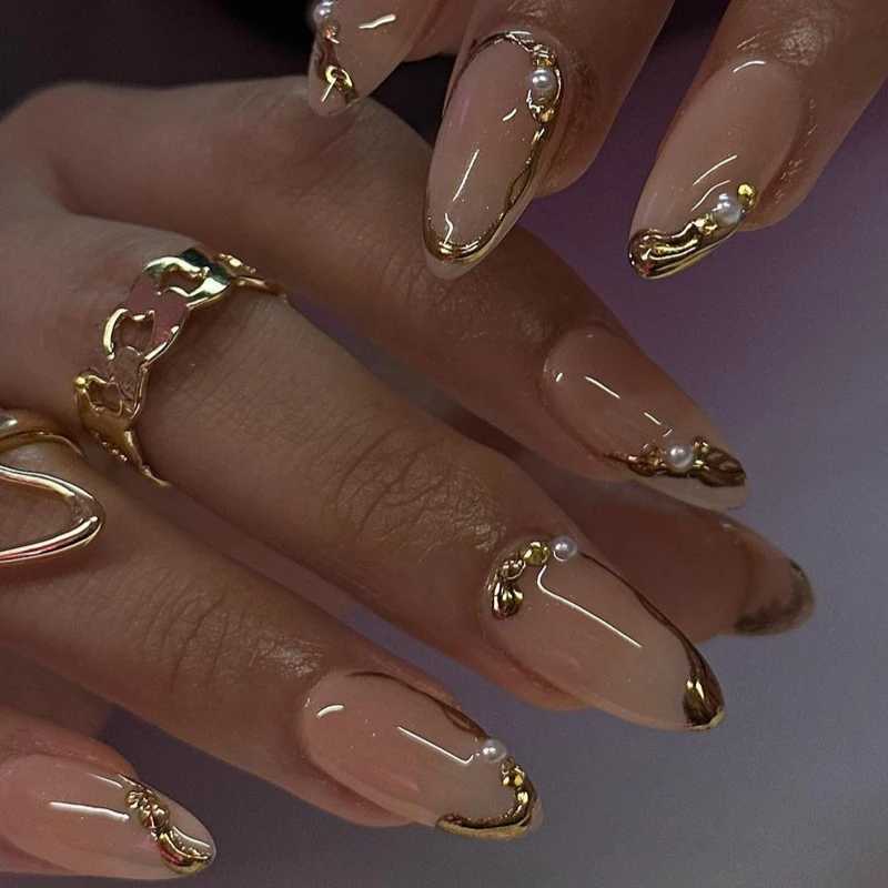 24 pieces of French gold edged wearable almond pressed on fake nails simple pearl decoration fake nail glue complete set of hand toolsXJ250327