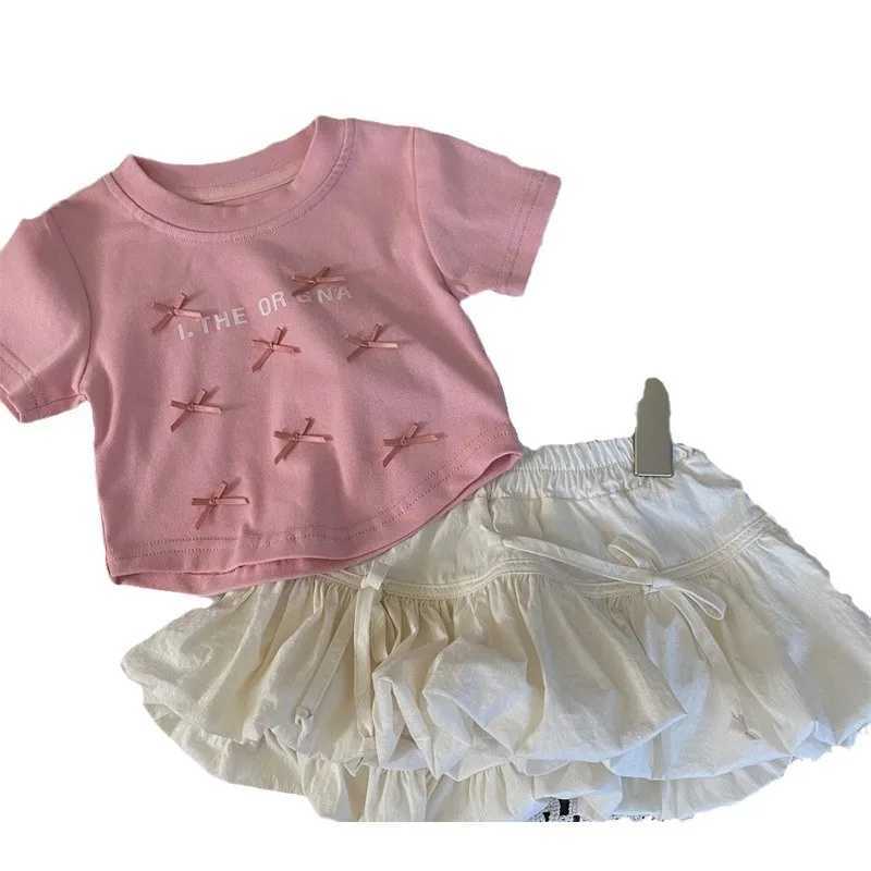 Angel Childrens Clothing 2025 New Summer Girls Bow Short Sleeve T-shirt Childrens Foreign style Culloses Two Piece SetT250327