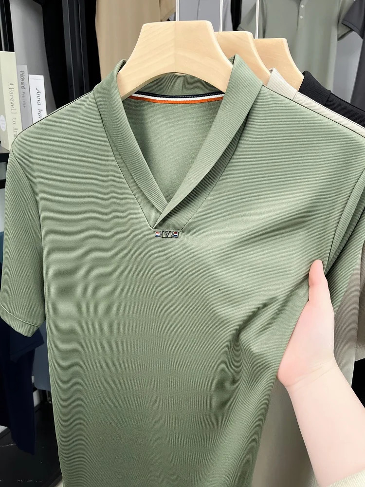 y short sleeved Tshirt mens summer Vletter embossed n trend European casual seagull collar silk polo shirt 250327
