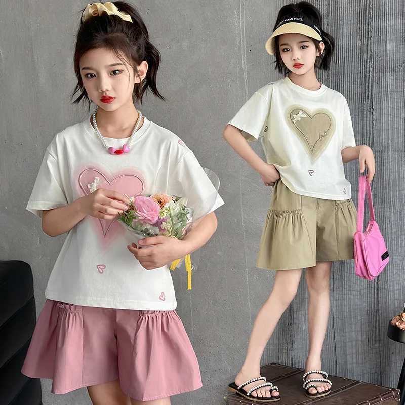 Girls clothing set new summer sweet short sleeved top+shorts 2PCS childrens clothing 6 8 10 12 14 year old childrens clothingT250327