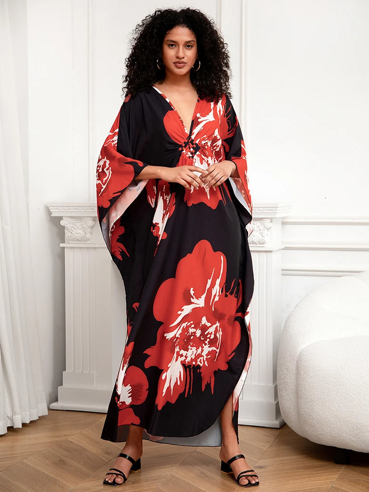 Womens Vneck long Kaftan dress oversized loose beach suit Maxi long beach dress covering 2025 pants suitable for beach Pareo 250324
