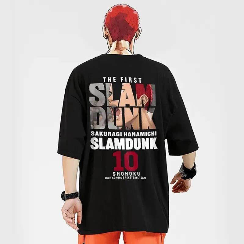 Men s short sleeved T shirt oversized made of Japanese manganese cotton with animated dunk print fast shipping pure