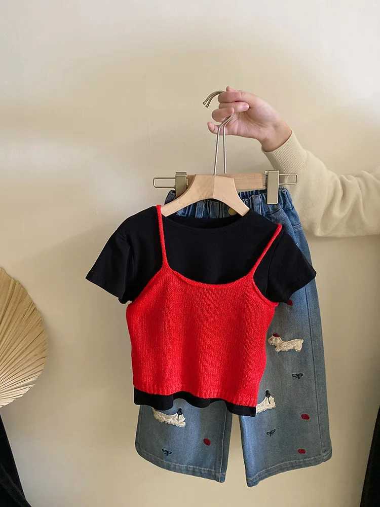 Korean girl short sleeved T-shirt bottom jacket knitted suspension 2025 spring new cartoon dog jeans setT250327