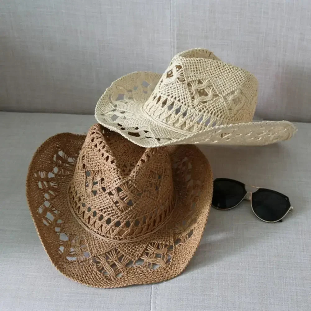 Straw Western Cowboy Hat for Women Men Classic Vintage Hollow Out Unisex Curled Wide Brim Sun Hat Fishing Hat Climbing Cap 250326