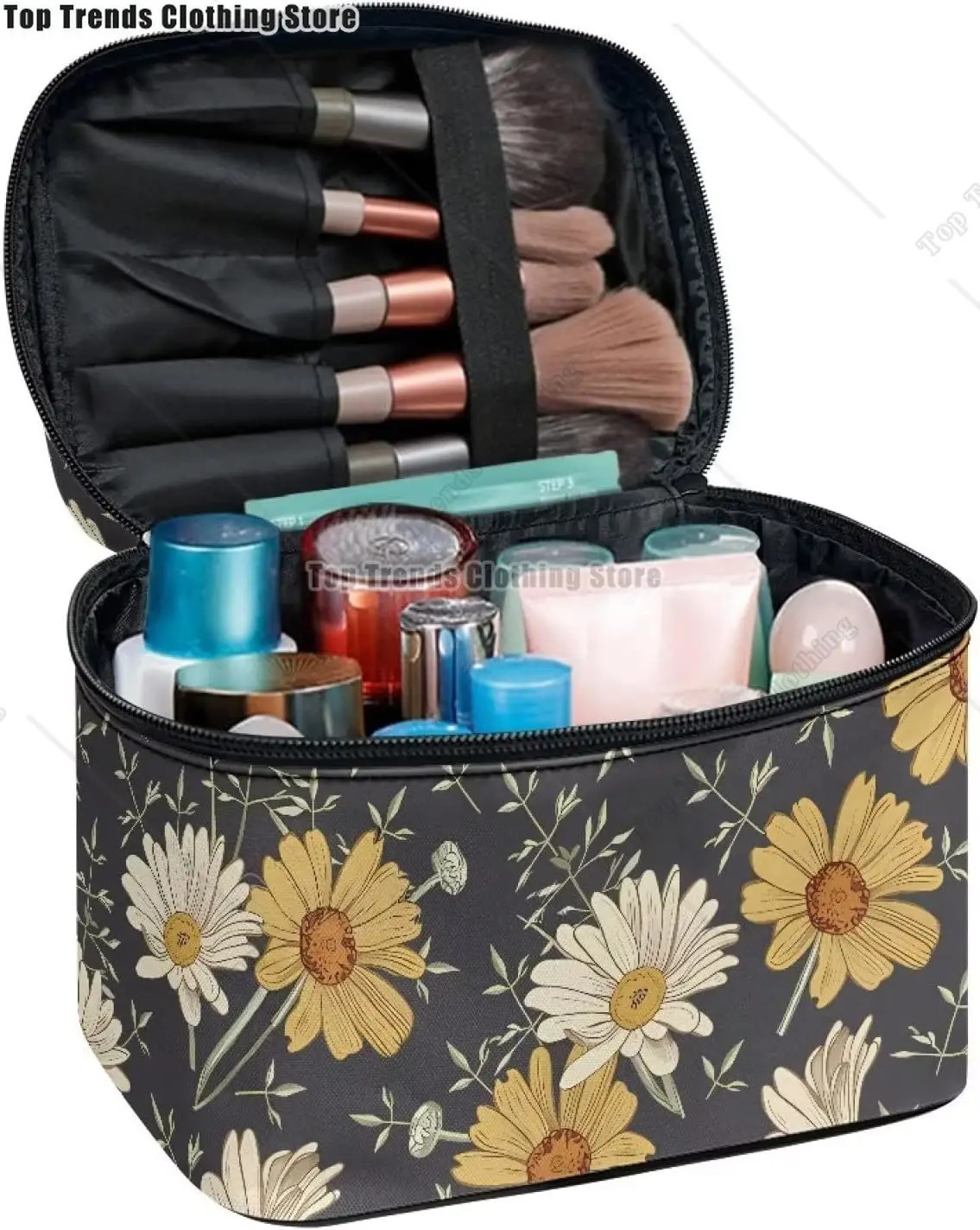 Forest Daisy Flower travel makeup bag female organizer with zipper and portable handle 250326