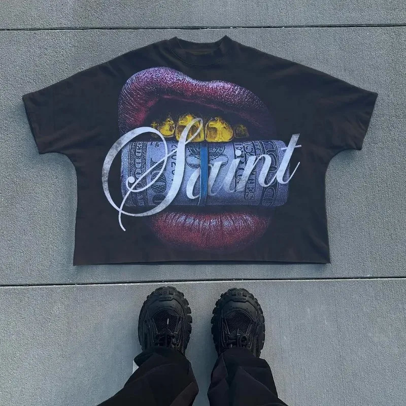2025 Gothic Retro Mens Y2k Super Large Tshirt Hip Hop Trend Spring Cartoon Printed Short Sleeve Top Fashion Casual Couples Shirt 250318