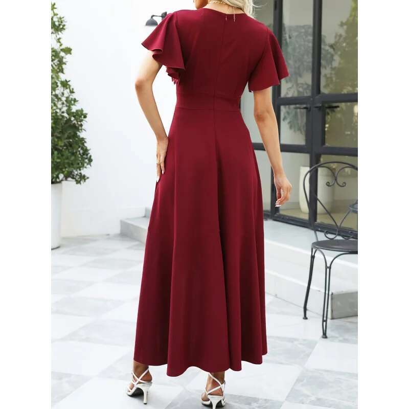 Dongdumaoyi Effen Kleur Jurk Met Superpliehals Elegante Ruche Mouw Tulp Zoom Zwierige Voor Lente En Zomer Dameskleding WD