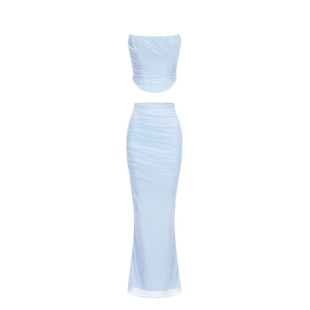 Mingmingxi Elegant Maxi Wedding Guest Dress Sexy Strapless Blue Cropped Top Set Bodycon Holiday Party Dresses Women