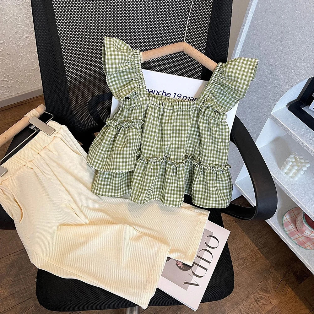 Summer Kids Clothes Green Plaid Fly Sleeved Topsolid Color Casual Pants 2-piece Set Girl Clothes Vest Set Kids Clothes Girls 250326