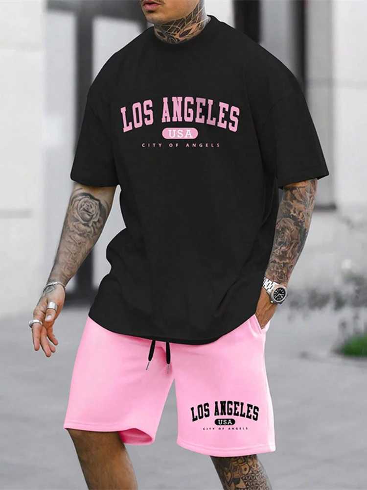 Mens summer casual breathable short sleeved street loose T-shirt two-piece mens outdoor vacation sports fashion setXJ250326