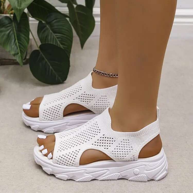 Womens Comfortable Knitted Platform Sandals Peep Toe Lace-Up Design - Versatile Casual Sgback Shoes for Sporty Style