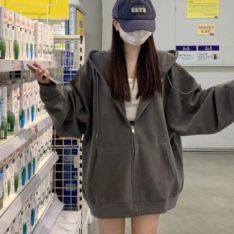 Fashionable Y2K Zipper Hoodie Elegant Womens Spring Oversized Long Sleeve Street Clothing Casual Harajuku Jacket Sportswear 250326