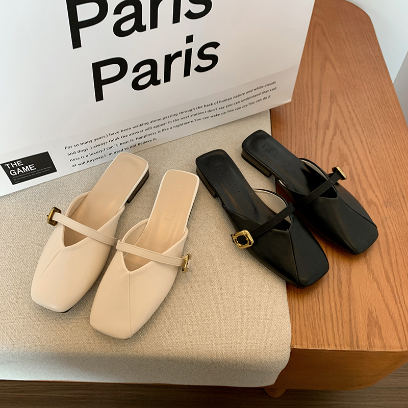 Slippers Low heel cooldown free Shipping Thick heeled half slippers Baotou sandals Shallow mouth sandal soft leather Slipper Female outdoor wear 2025 