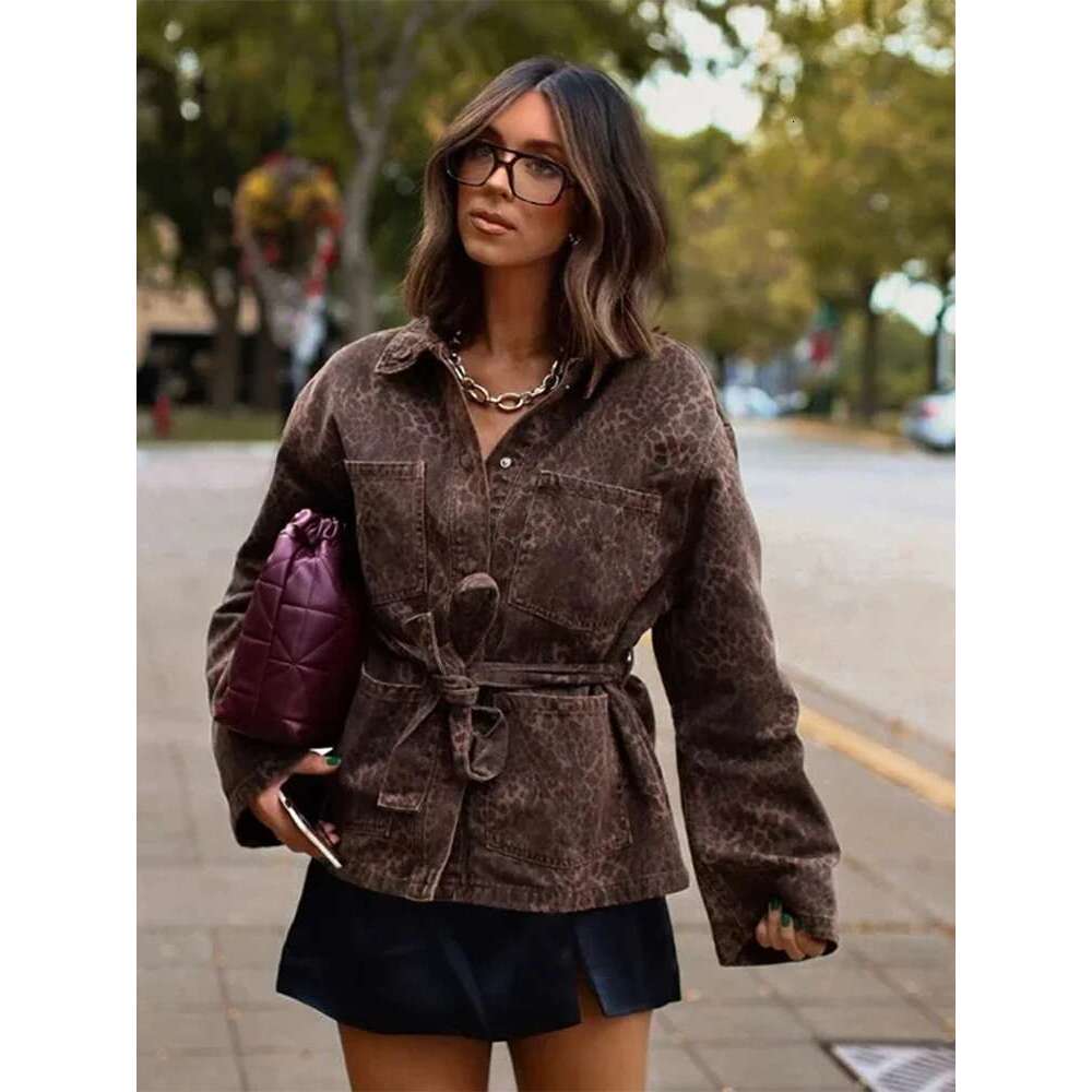Women's Coat Woman Leopard Print Lapel Lace Up Jacket Casual Long Sleeve Pocket Coats New Autumn Lady High Street Office Outerwears