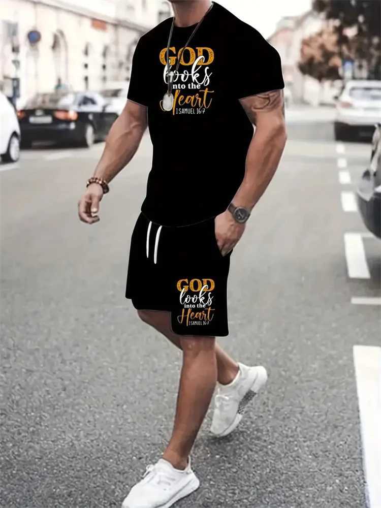 Fashionable Mens Short Sleeve Shorts Set New 2024 English Letters 3D Printed T-shirt Shorts 2-piece Set Summer Comfort SetXJ250326