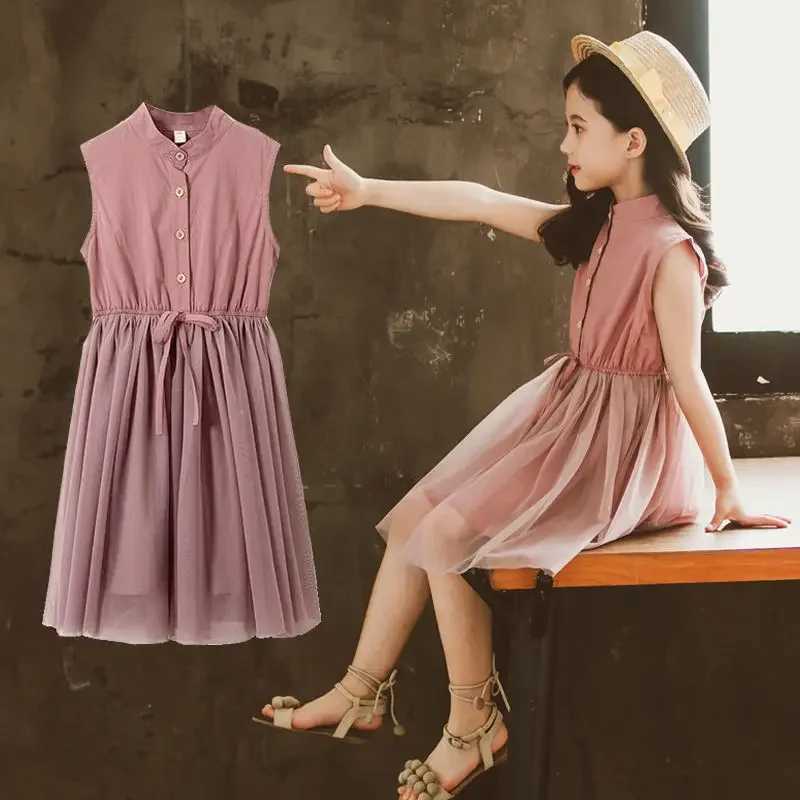 Childrens girls pink shirt dress 2024 new childrens sweet vest lace patchwork teenage girls mesh dress Japanese sled W250326
