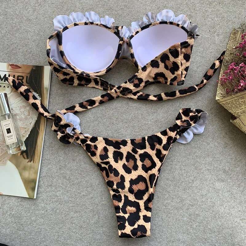 New Leopard 2025 Sexy Women Bikini Set Swimsuit Push-up Bra Two Pieces Swimwear Low-waisted Beachwear Strapless Bandeau Biquini