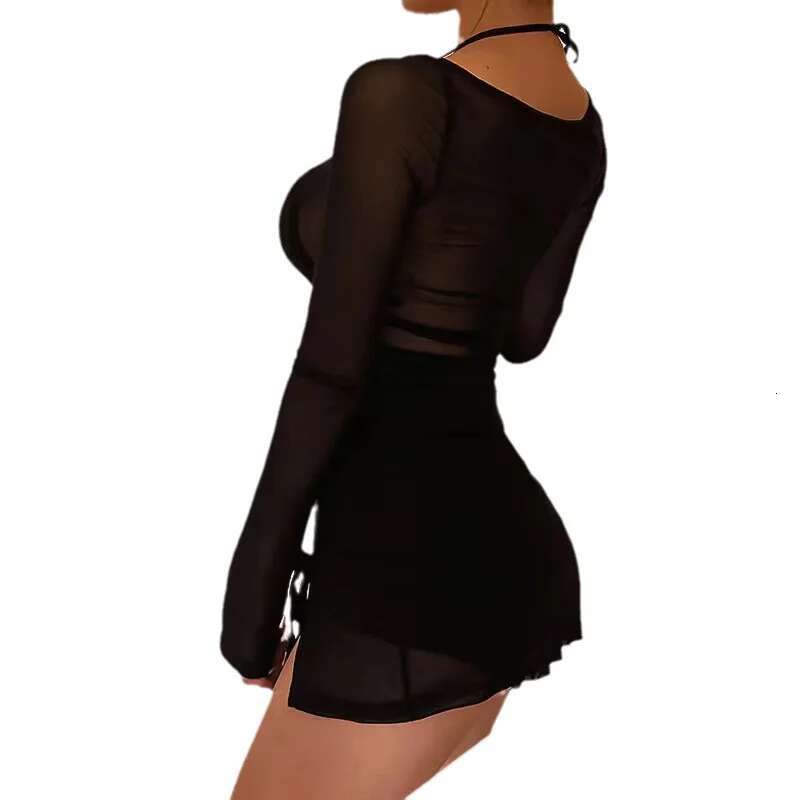 Dongdumaoyi Nieuwe Stijl Sexy En Verleidelijke See Through Mesh Lange Mouwen Split Korte Jurk Voor Amorous Mood Vrouwen Jurk