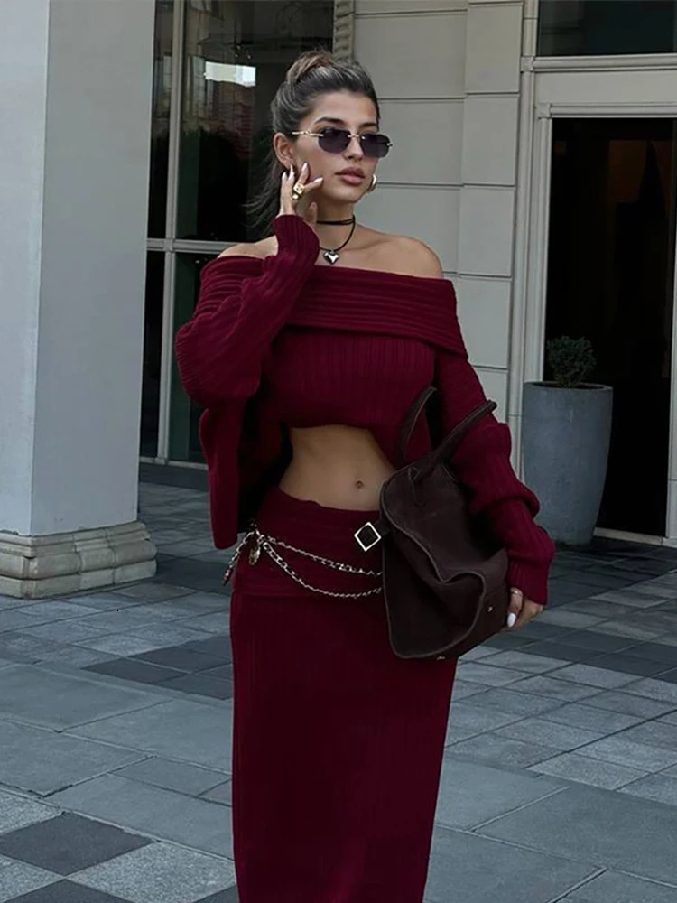 Womens Burgundy Knitted Long Leather Cover Elegant Slant Neck Full Lantern Sleeve Top Skirt Autumn Two Piece Set 250326