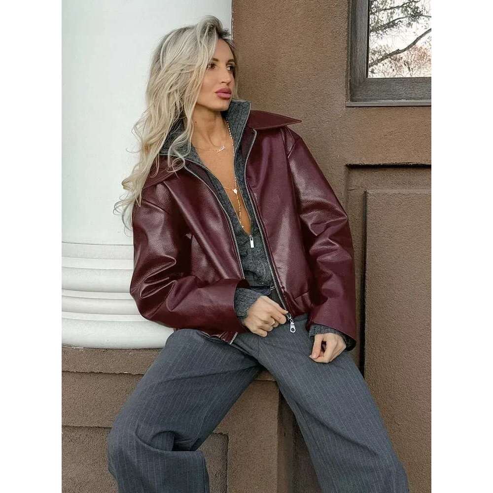 Women's Coat Street Leather Women' Jacket Wine Red Turn Down Long Sleeve Pu Female Coats Vintage Pocket Zipper Motorcycle Lady Outwears