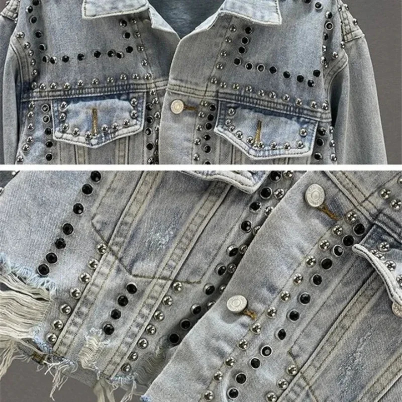 Spring and autumn womens denim jacket highquality rivet nail bead casual 250326