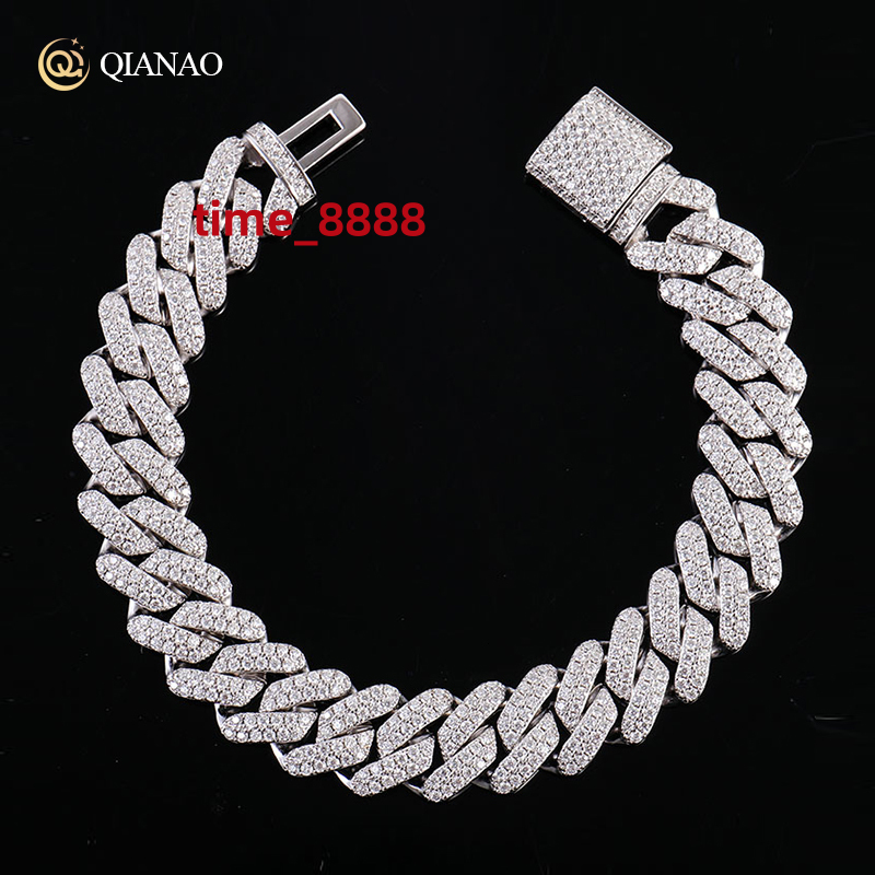 10mm Solid 925Sterling Silver Hip Hop Moissanite Cuban Link Chain Silver Plated Tennis Strand Charm Bracelets for Party or Gift