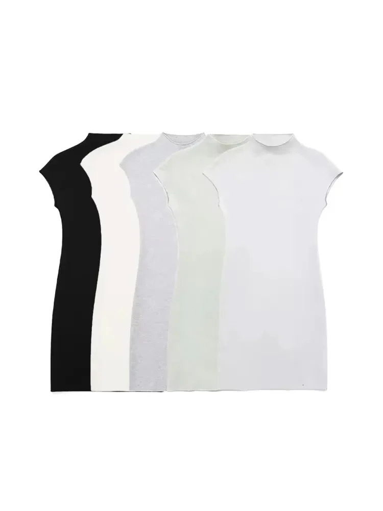 TRZA Women Fashion Stretch Knit Mini Dress Vintage High Neck Sleeveless Female Dresses Womens Dresses 250322