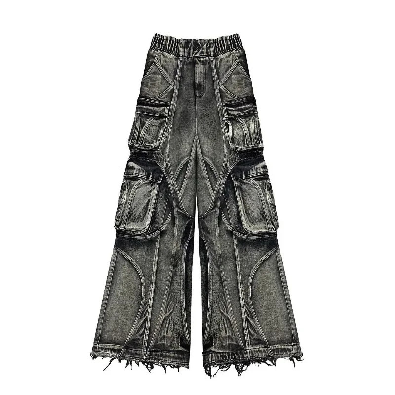 Heavy Washed Splicing Multi Pocket Loose Jeans Men Y2K American Fashion Streetwear Retro Rock Roll High-waisted Trousers 250317