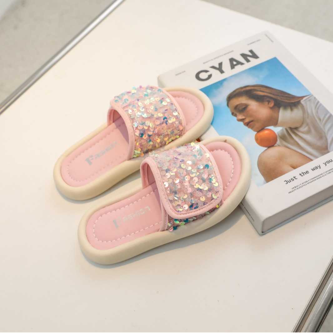 Slipper Large size girls sandals childrens sequins one line drag summer new style little girls beach shoes S25326