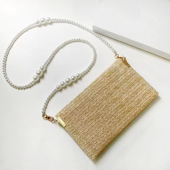 Fashion D Straw bag Pearl chain shoulder crossbody makeup bag women's hand phone bag with gift box