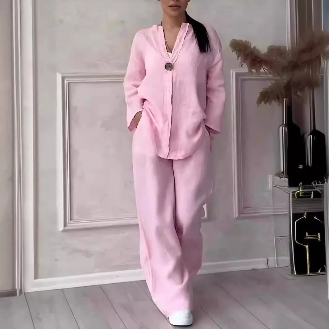 Cotton Linen Sets Two 2 Pieces Sale Casual Long Sleeve Button Loose Blouse Shirt High Elastic Wide Leg Loose Pant Suits NMD-3021 250324