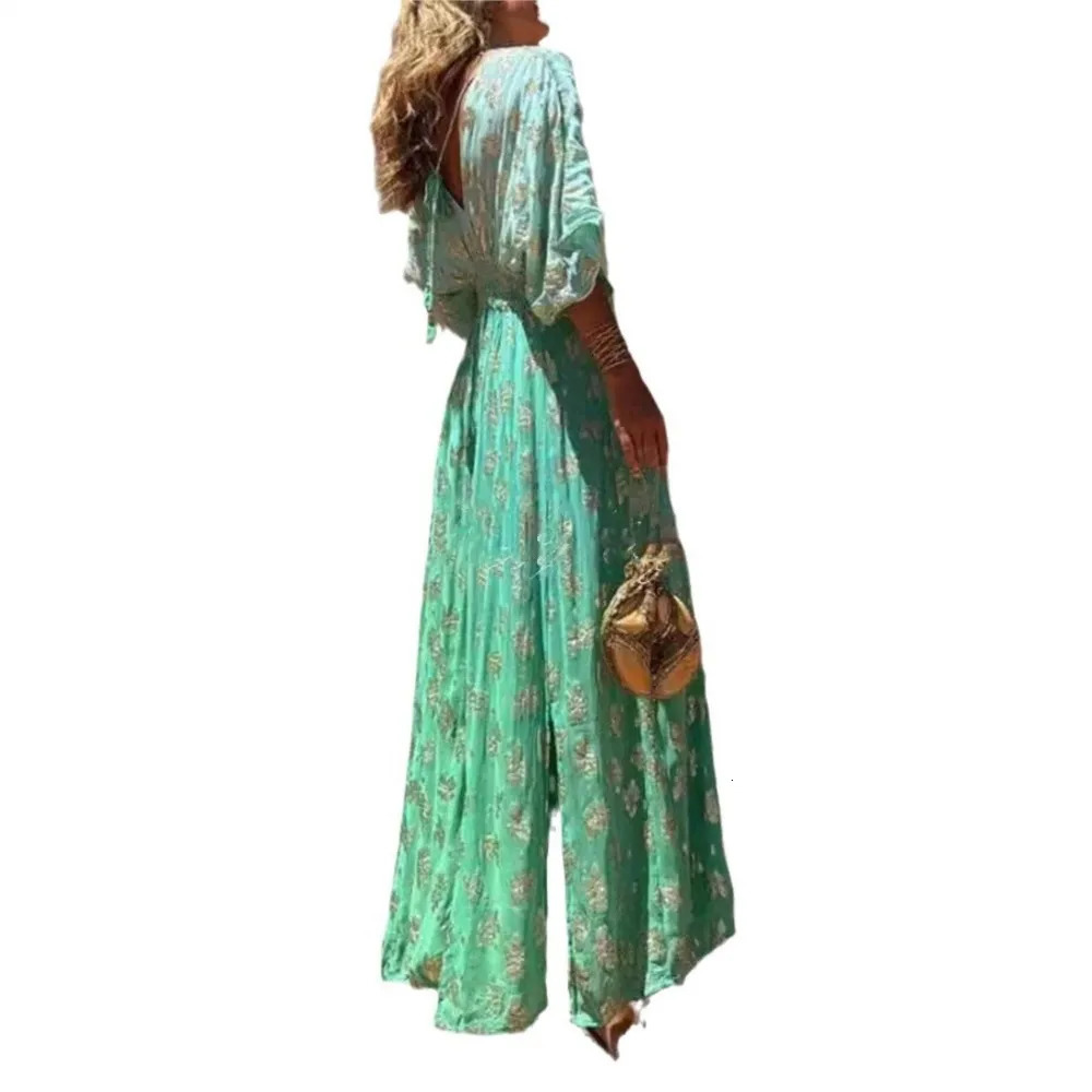 Elegant Printed Splicing Pants Fashion Deep Vneck Bat Sleeve High Waist jumpsuit Womens Casual Holiday Wide Leg 250326