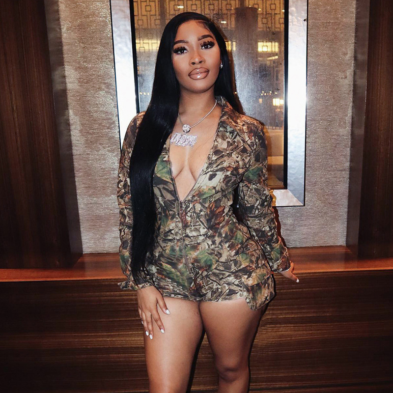 Designer Jumpsuit Women's Summer Top Fashionable And Sexy Deep V-neck Camouflage Printed Shorts Casual Wear Long Sleeved Jumpsuit Trendy Women�