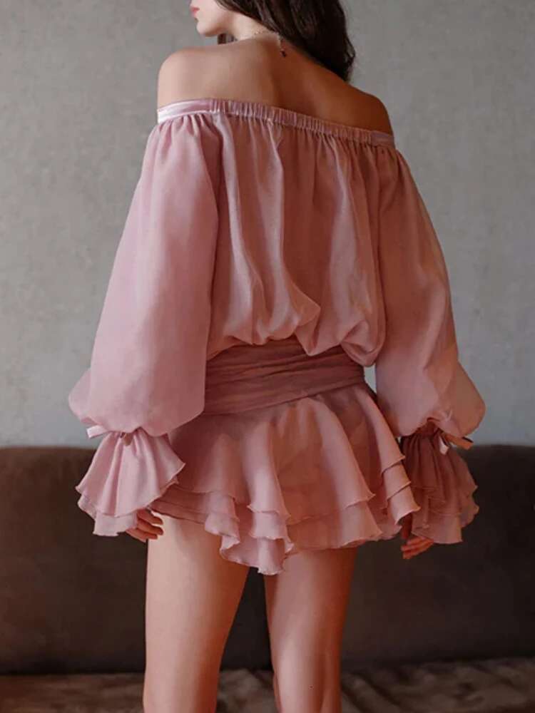 Sexy Women Slash Neck Long Sleeves Off The Shoulder Hollow Out Bow Mini Dress Ruffles Slim Dresses Evening Party Tail Club