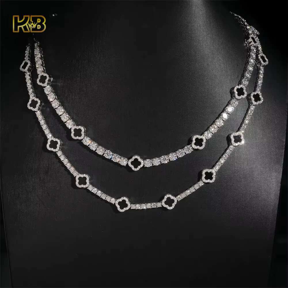 Iced Out 3mm 5mm 925 Silver Moissanite Diamond Tennis Necklace with Four-leaf Clover Design Fashion Tennis Jewelry for Men Women