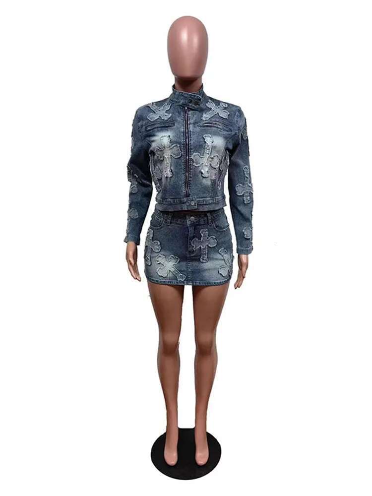 Patchwork Denim Jacket Skirt Suits Women Embroidery Zipper Long Sleeves Coat Mini Slim Skirts 2025 Spring Y2k Street Female Set