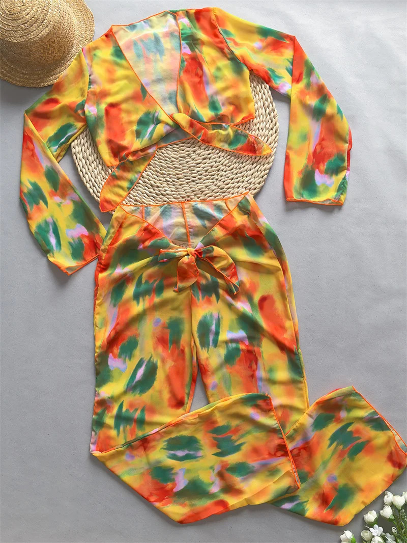 Para Praia Print Cover Ups with Long Pants 2024 Beach Bikini Cover Swimwear Cover Ups Sexy Beach Wear 250324