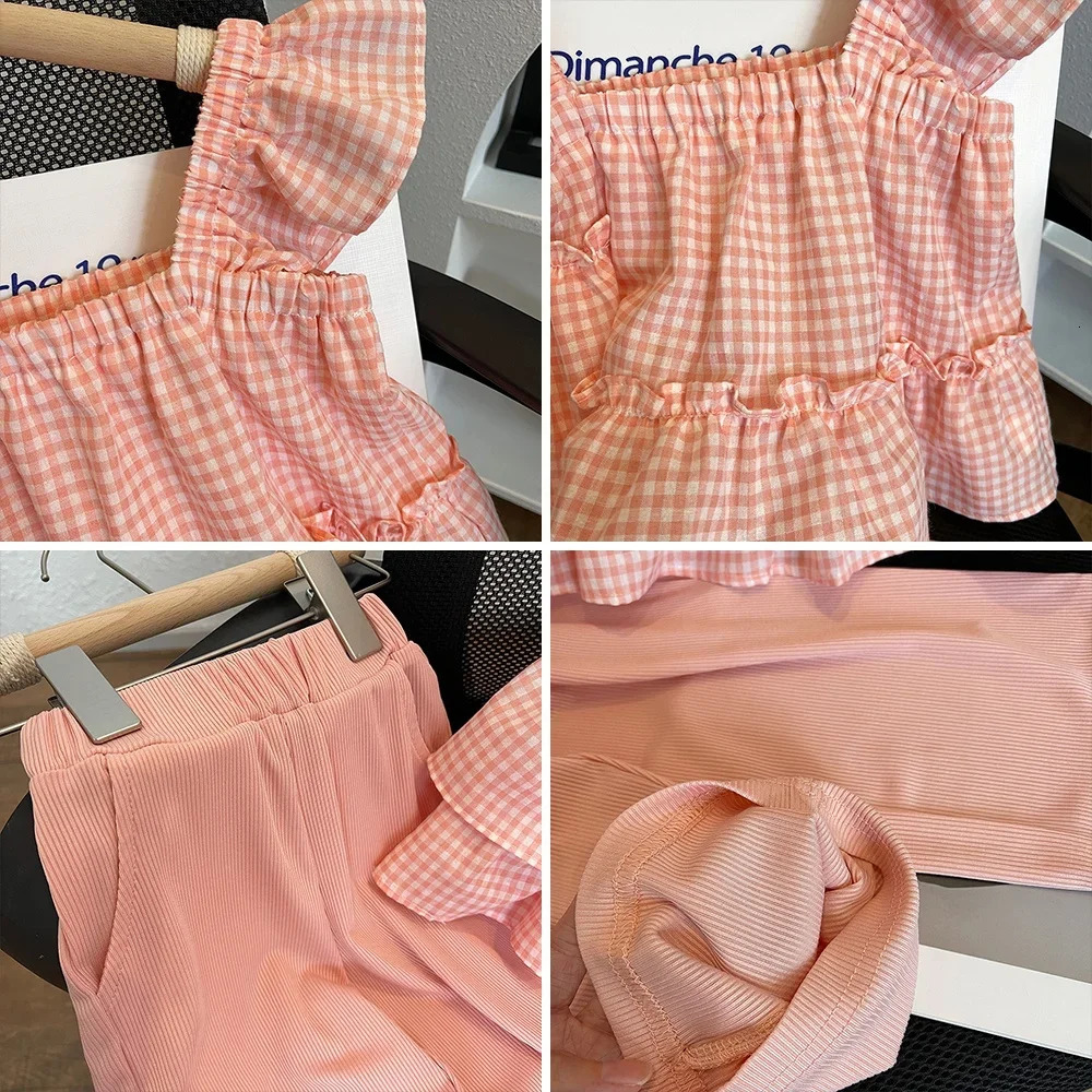 Summer Kids Clothes Green Plaid Fly Sleeved Topsolid Color Casual Pants 2-piece Set Girl Clothes Vest Set Kids Clothes Girls 250326