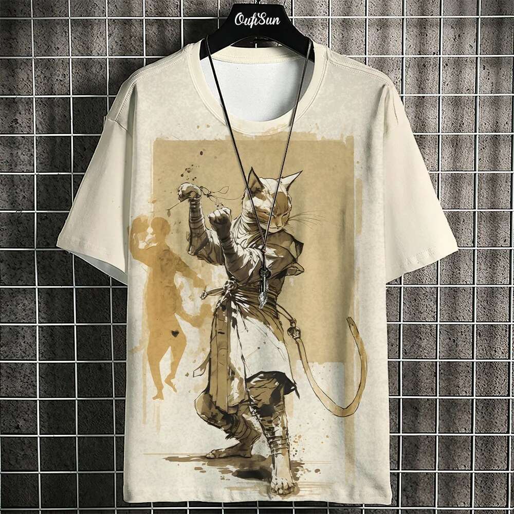 Samurai cat men s T shirt summer fashion Japanese short sleeved oversized street clothing casual sportswear top