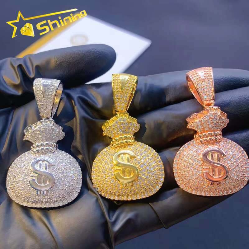 Hip Hop 925 Sterling Silver US Dollar Money Bag Moissanite Pendant Iced Out Fashion Men Charms Pendant for Necklace