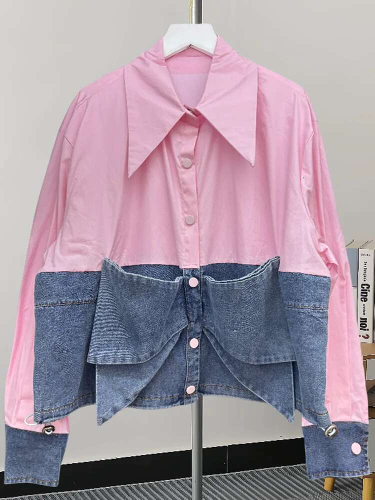 Spliced Denim Lapel Shirts For Women Single Breasted Full Sleeve Color Block New Female Niche Design Shirt