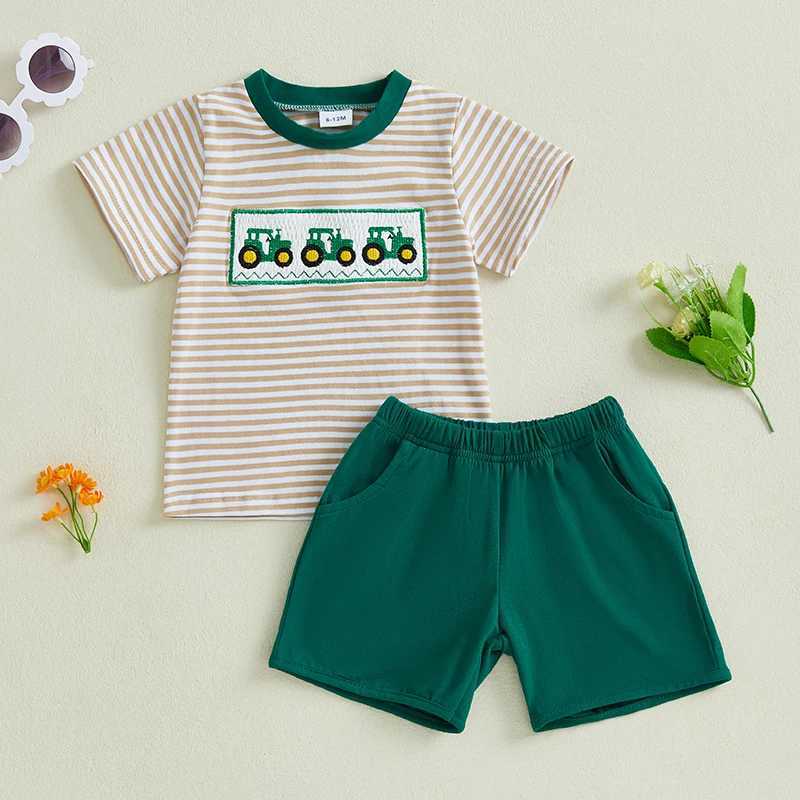 Preschool boy farm baby boy tractor embroidered short sleeved T-shirt solid shorts set 2-piece setT250327